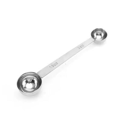 Professional double-sided stainless steel coffee scoop with 5mL and 15mL ends for accurate dosing.